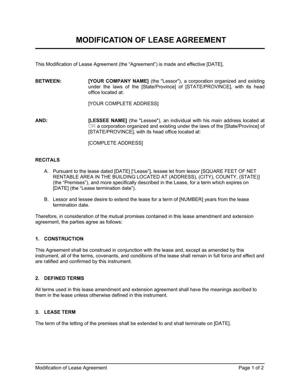 Business-in-a-Box's Modification of Lease Template