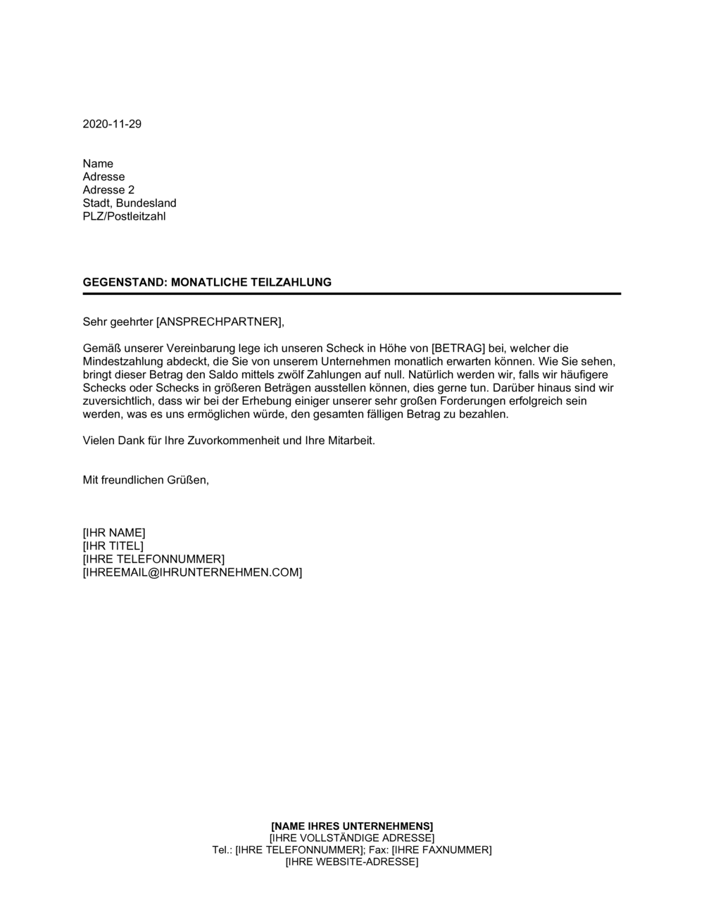 Business-in-a-Box's Monatliche Teilzahlung an Gläubiger