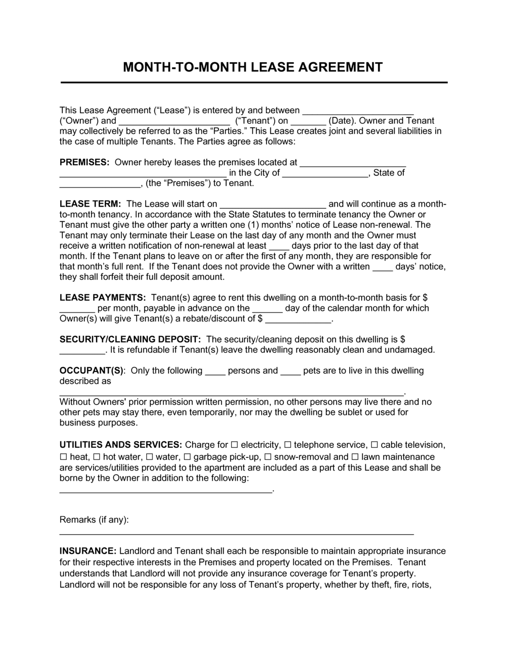 Simple Month To Month Rental Agreement Template