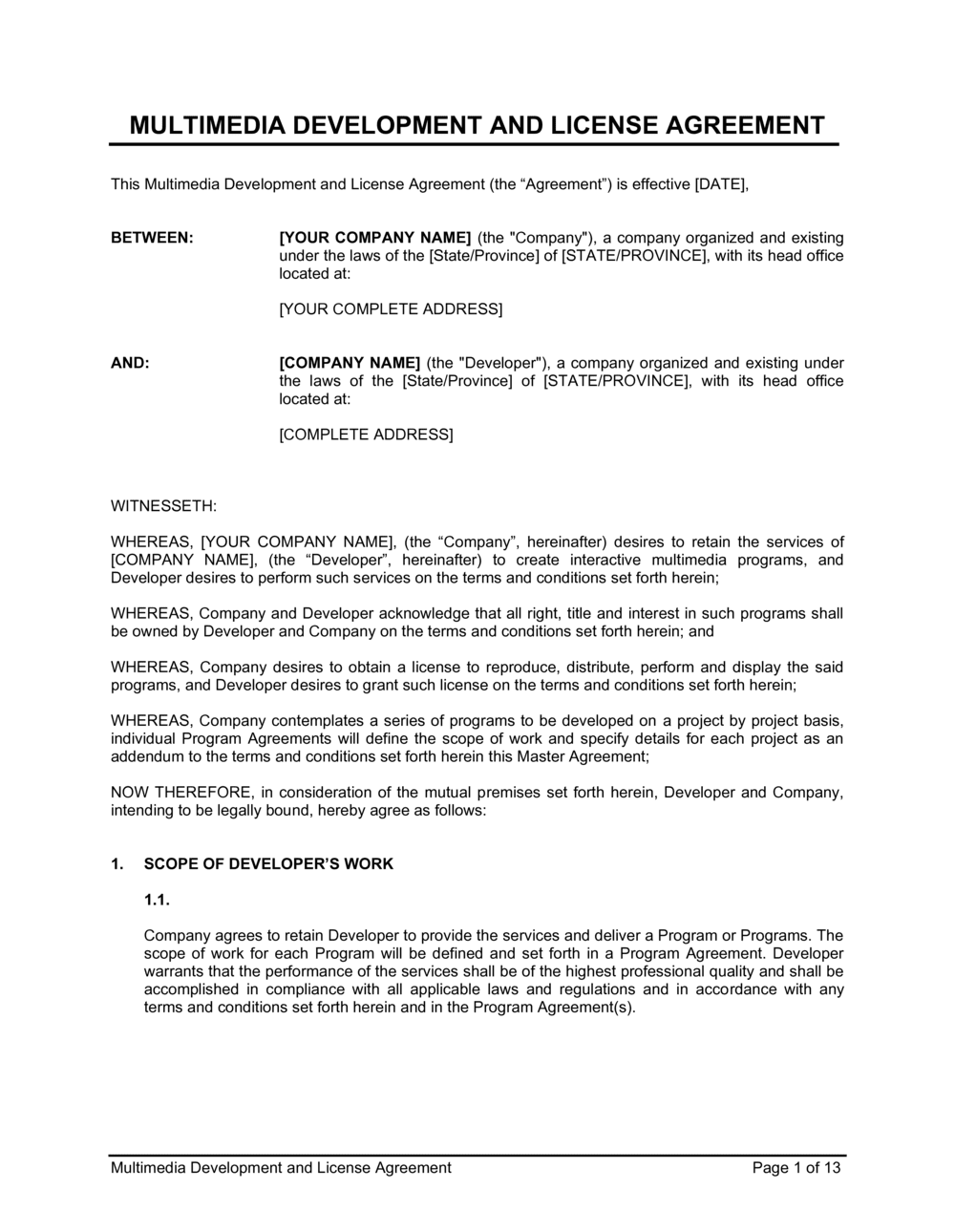 Business-in-a-Box's Multimedia Development and License Agreement Template