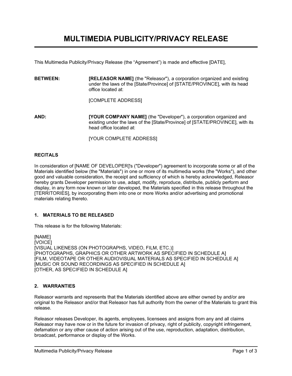 Business-in-a-Box's Multimedia Publicity - Privacy Release Template