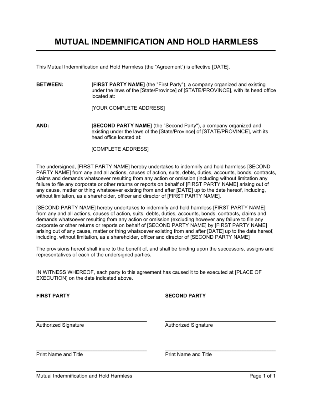 Mutual Hold Harmless Agreement Template Mutual Hold Harmless Agreement Template
