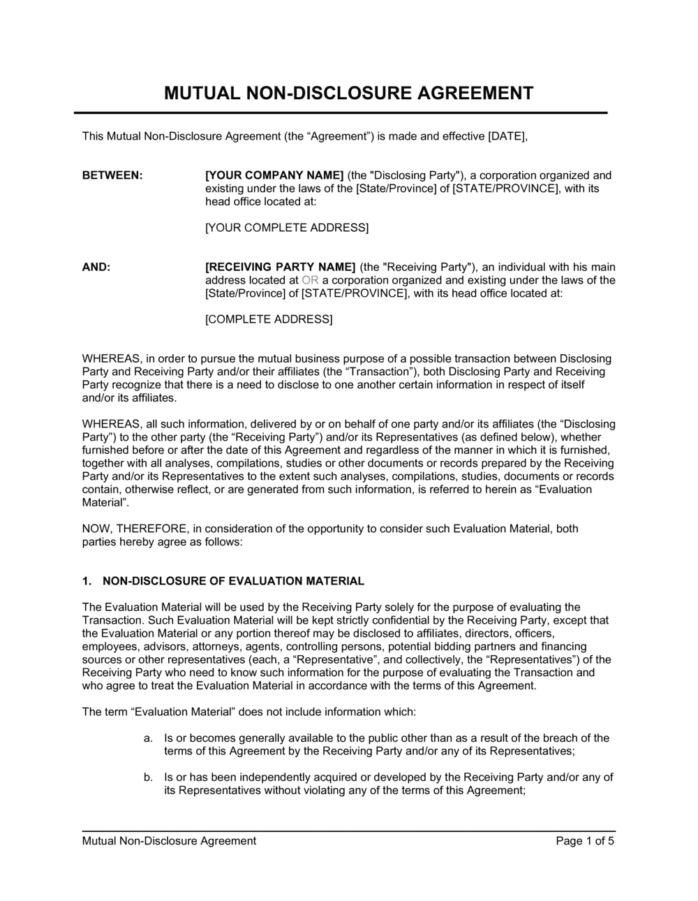 Mutual Non Disclosure Agreement Template By Business in a Box 