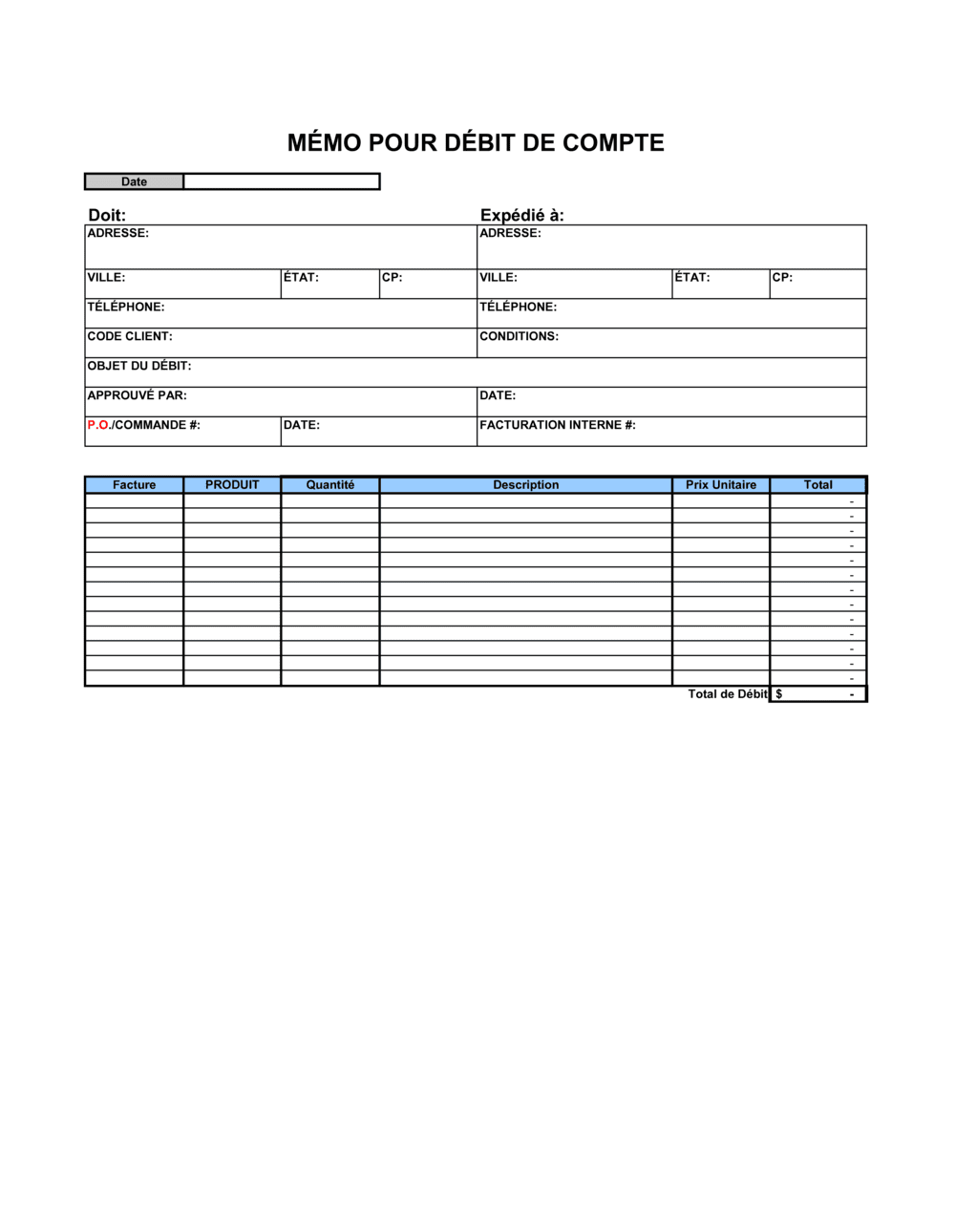 Business-in-a-Box's Mémo pour débit