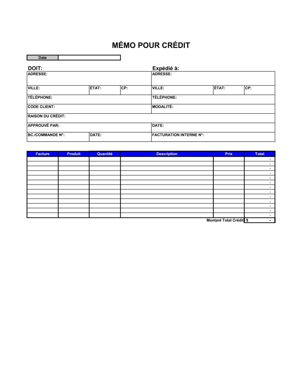 Business-in-a-Box's Mémo pour notes de crédit