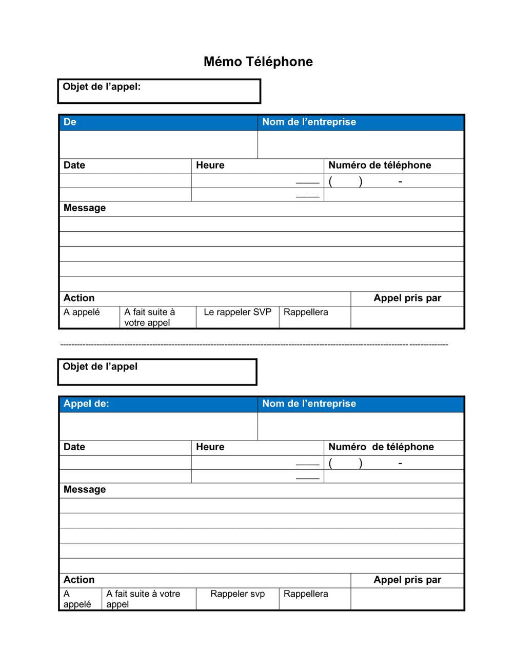 Business-in-a-Box's Mémo Téléphone