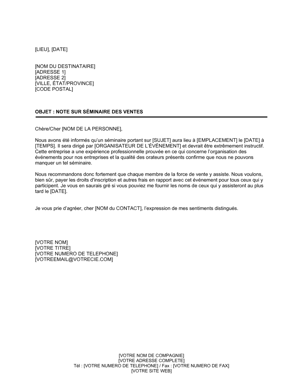 Business-in-a-Box's Mémorandum relatif à un séminaire sur la vente