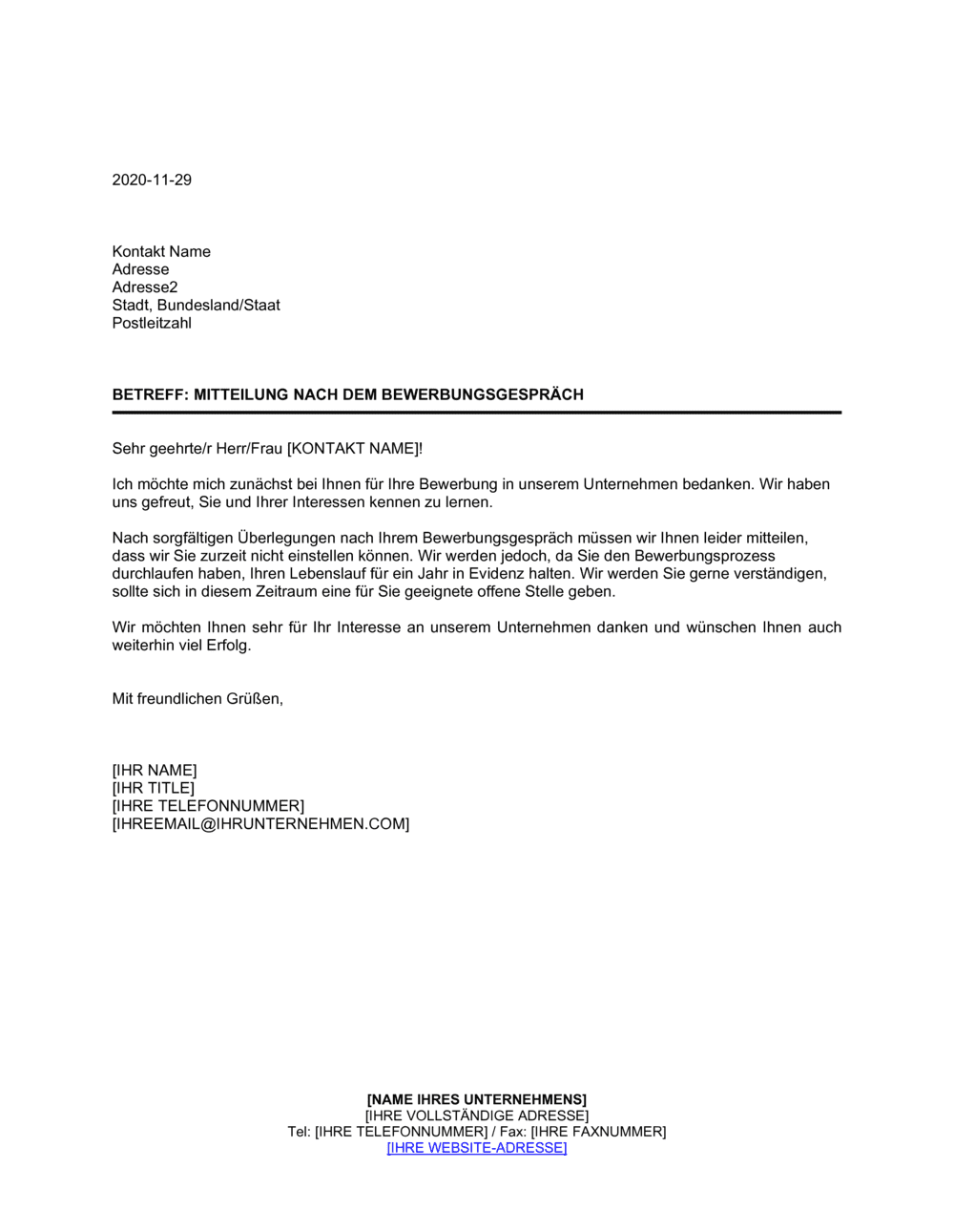 Business-in-a-Box's Negative Antwort an Kandidaten Nach Bewebungsgespräch