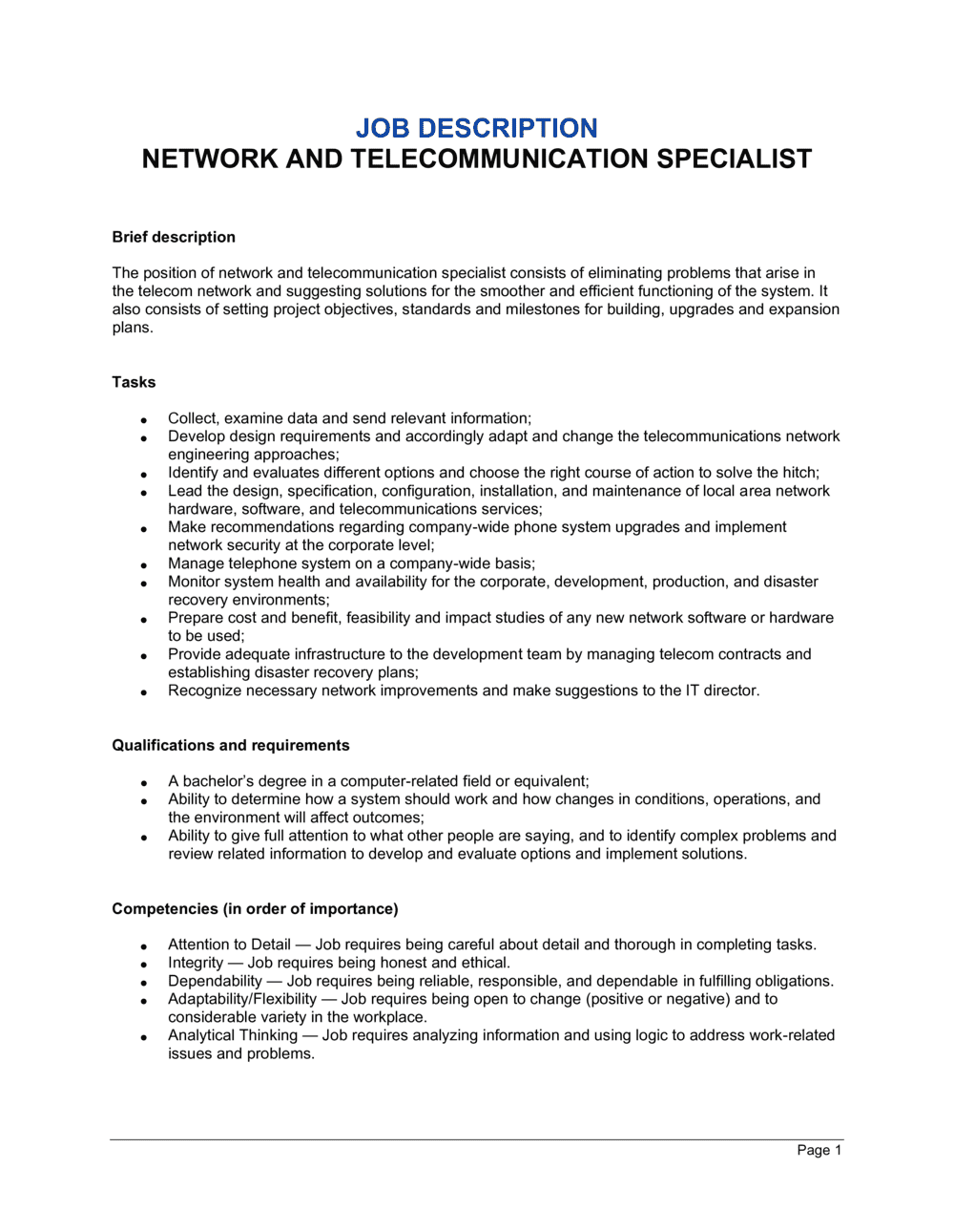 Network and Specialist Job Description Template by