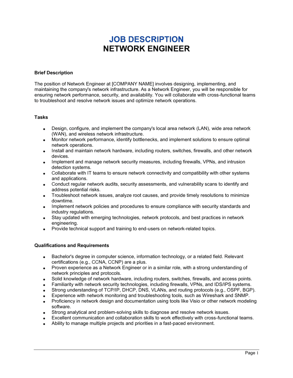 Business-in-a-Box's Network Engineer Job Description Template