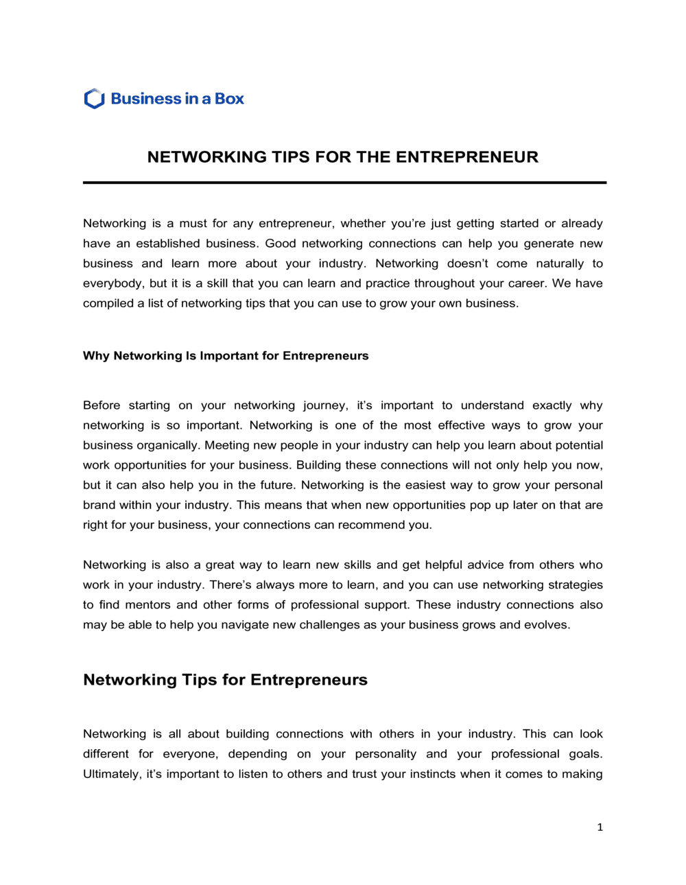 Business-in-a-Box's Networking Tips For The Entrepreneur Template