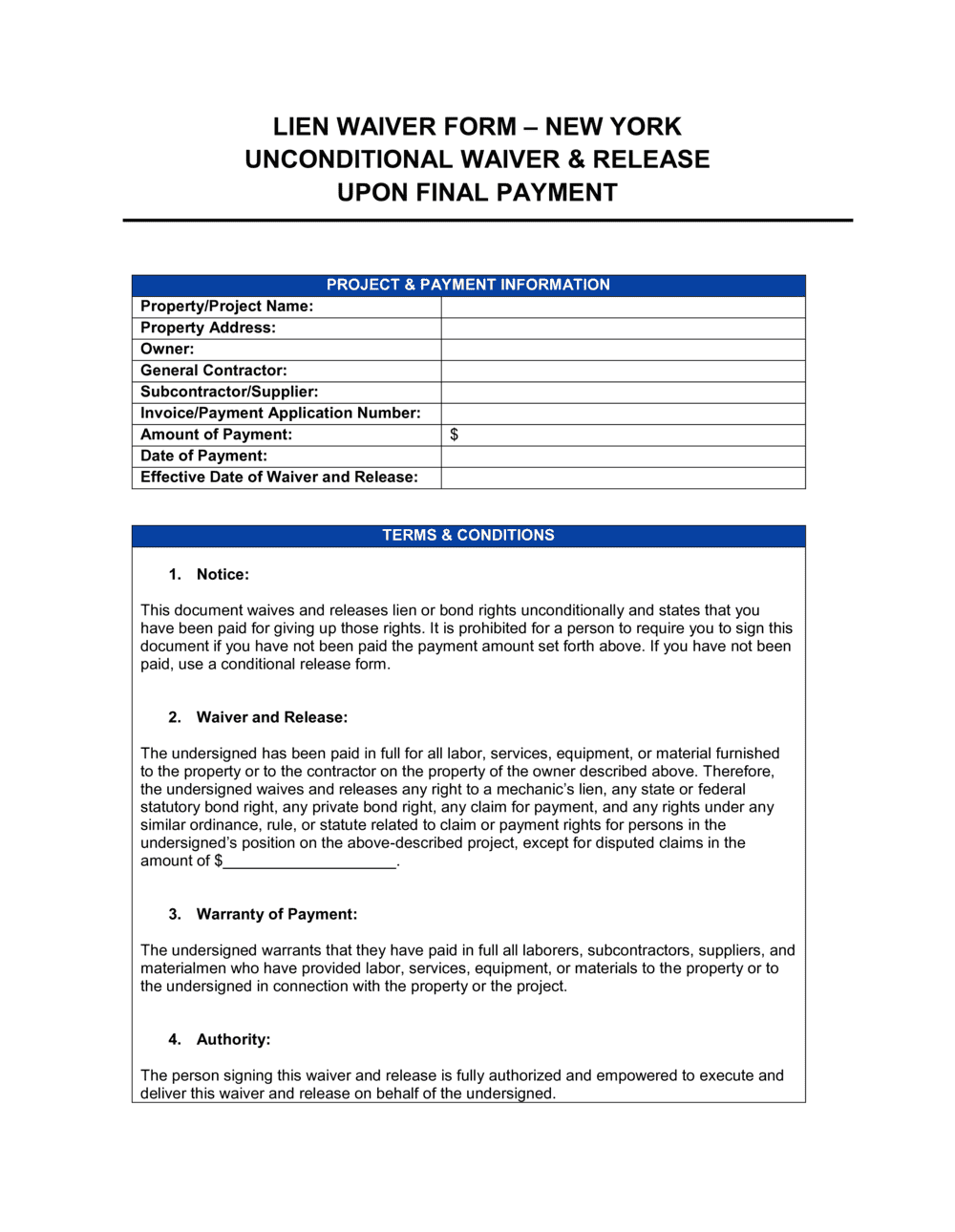 Business-in-a-Box's New York Lien Waiver Form Template