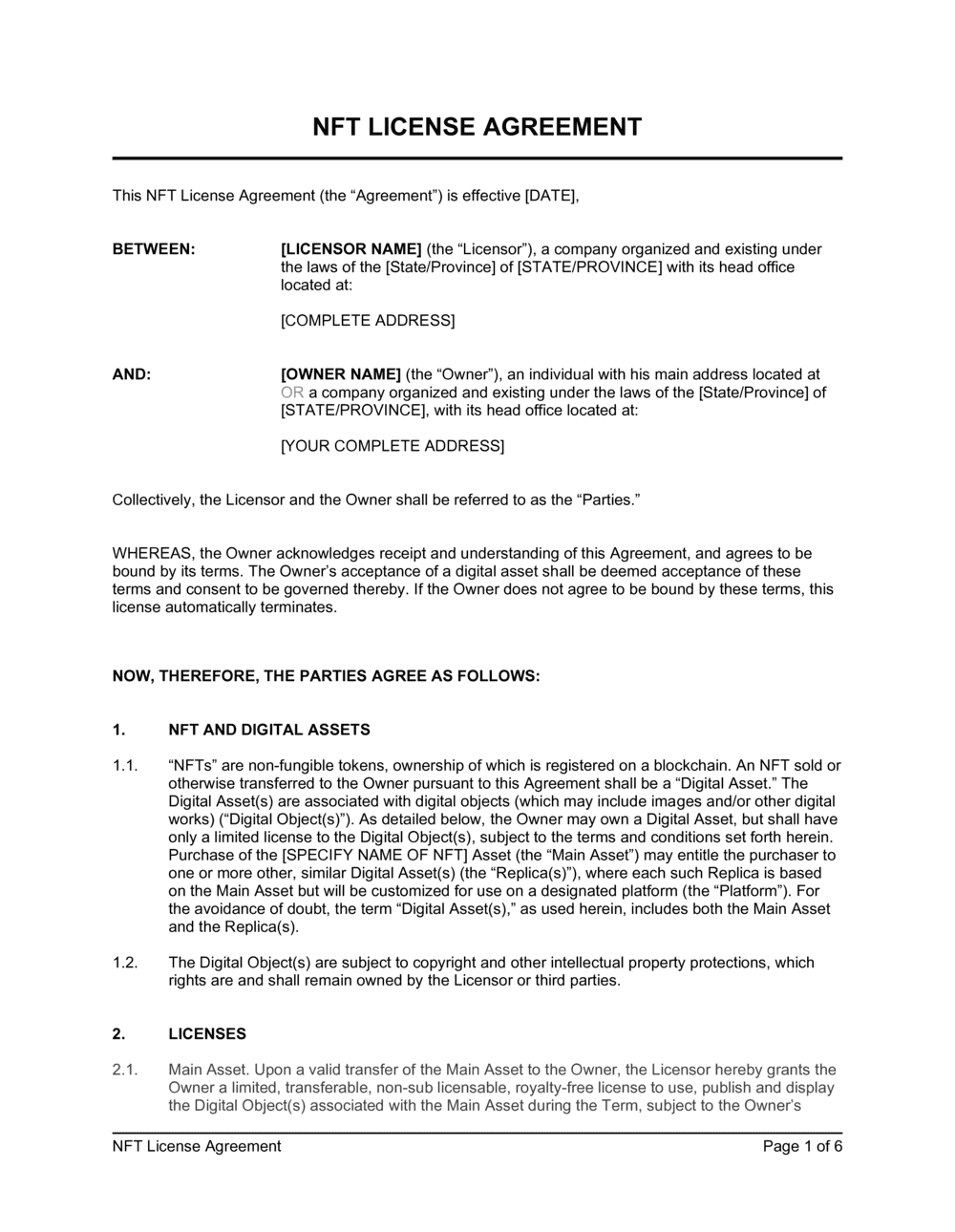 Business-in-a-Box's NFT License Agreement Template