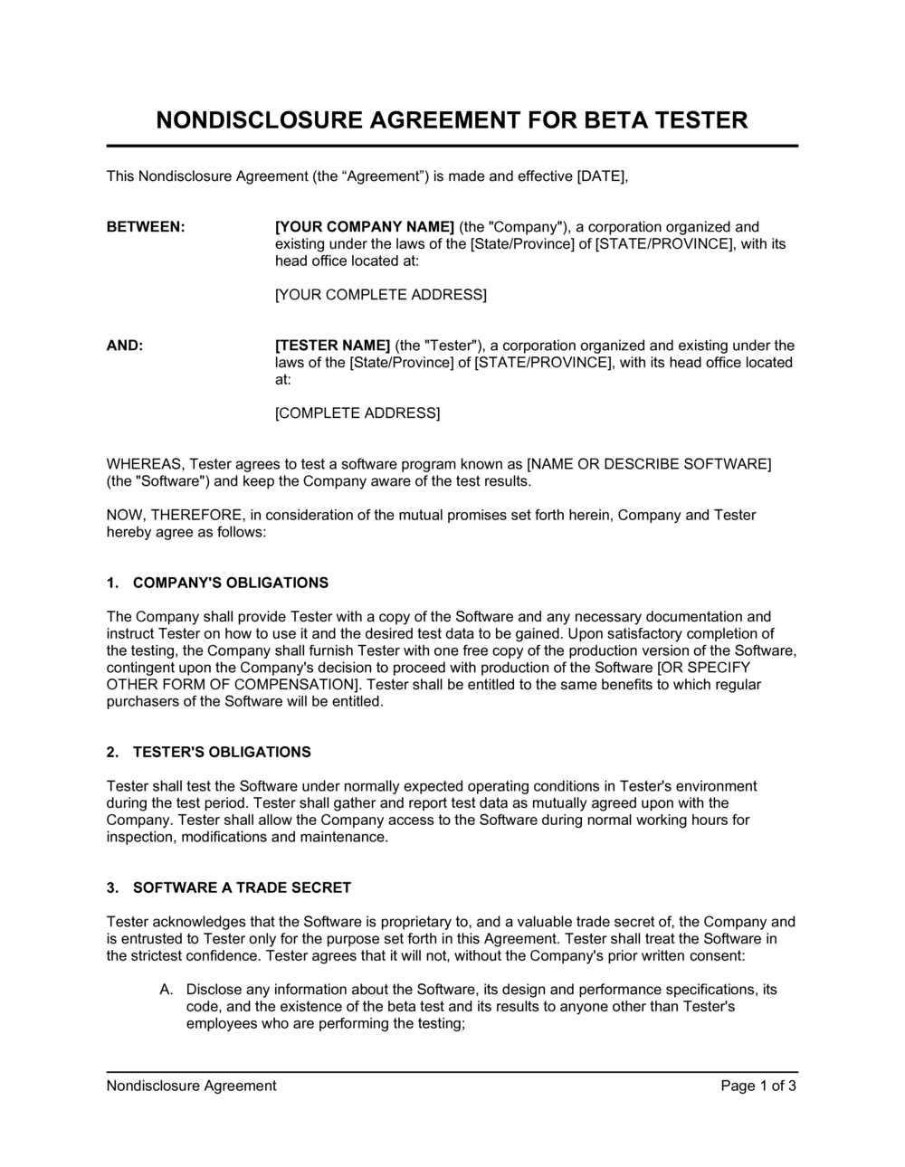 Non-Disclosure Agreement Beta Tester Template  by Business-in-a-Box™ Inside pilot test agreement template