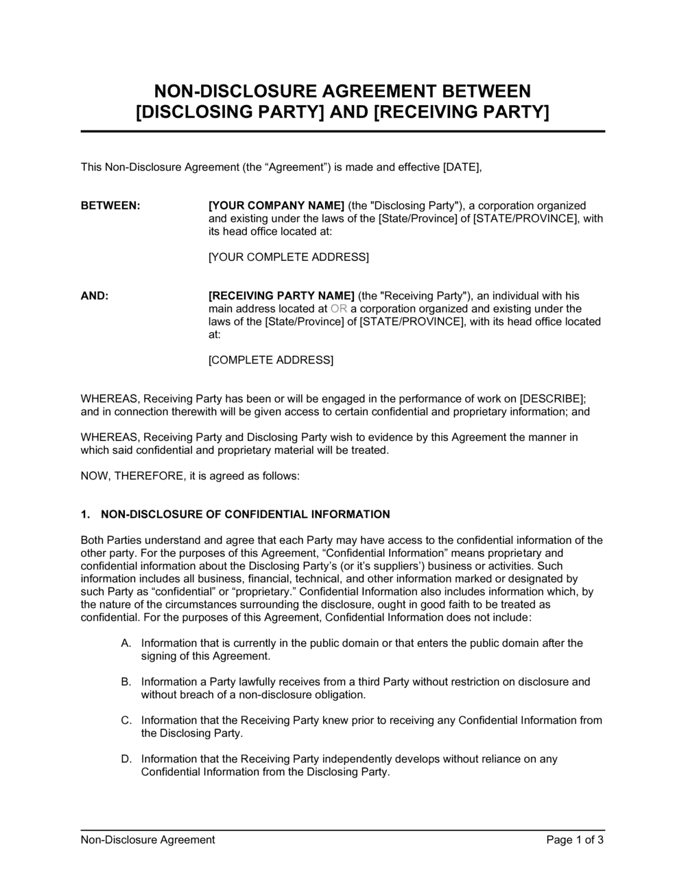 Non Disclosure Agreement Between Two Companies Template by Business