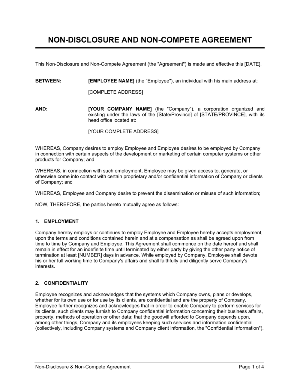 Non-Disclosure and Non-Compete Agreement Template  by Business-in Throughout standard non compete agreement template