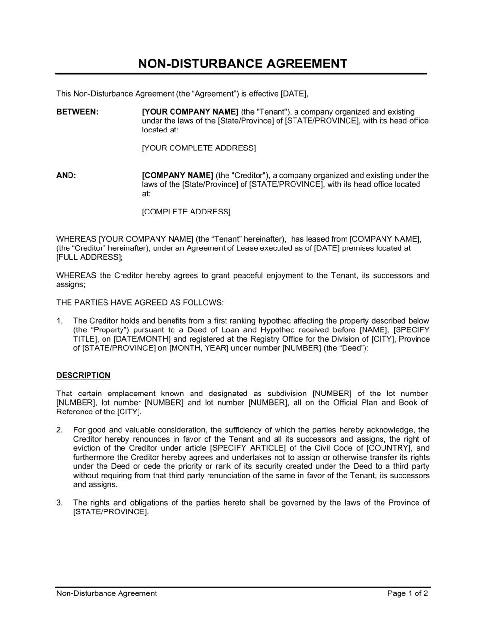 Business-in-a-Box's Non-Disturbance Agreement Template