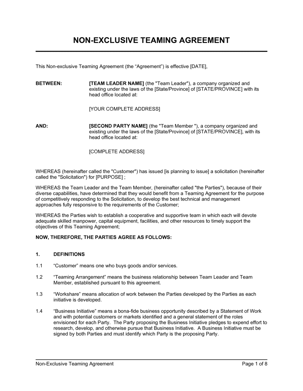 Non Exclusive Teaming Agreement Template By Business in a Box 