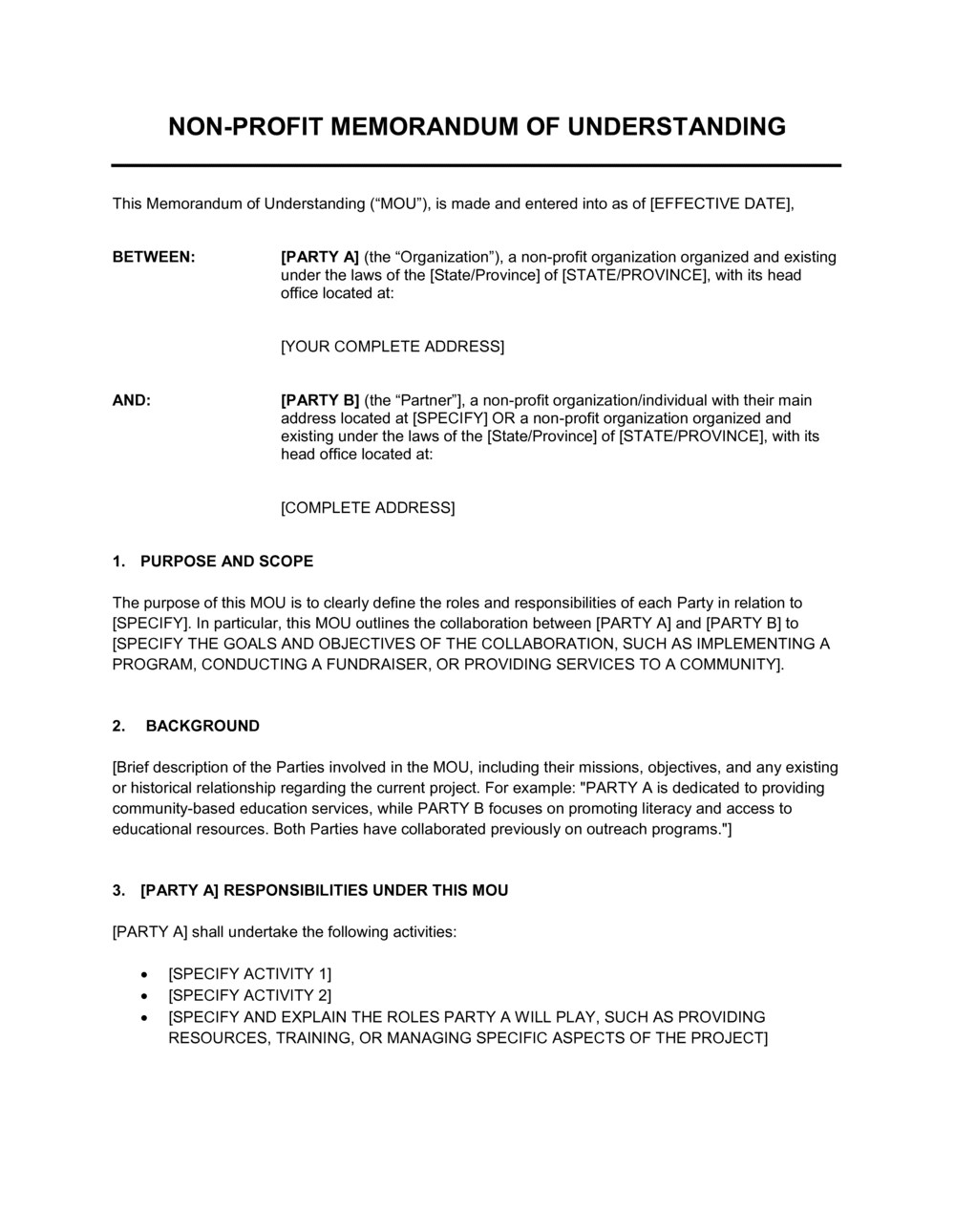 Business-in-a-Box's Non-Profit Memorandum Of Understanding Template