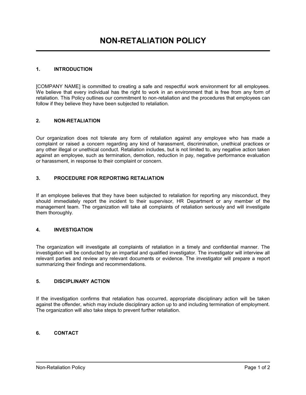 Non-Retaliation Policy Template (Download)