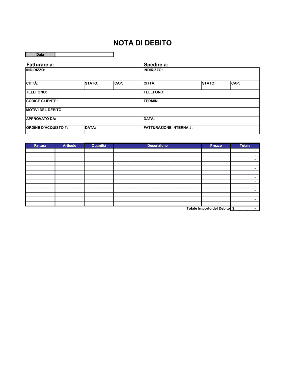 Business-in-a-Box's Nota di debito