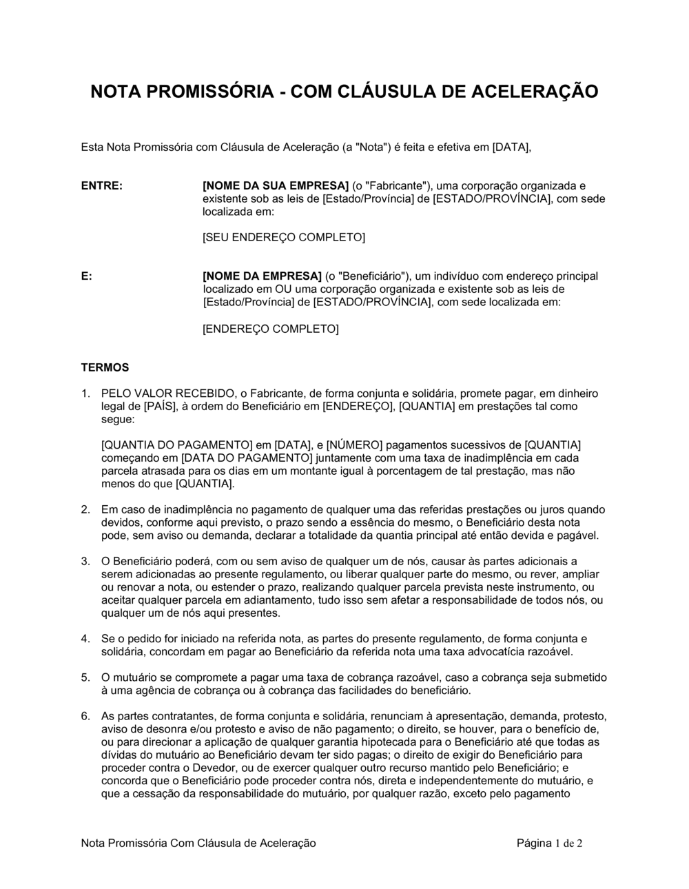 Business-in-a-Box's Nota Promissória Com Cláusula de Aceleração