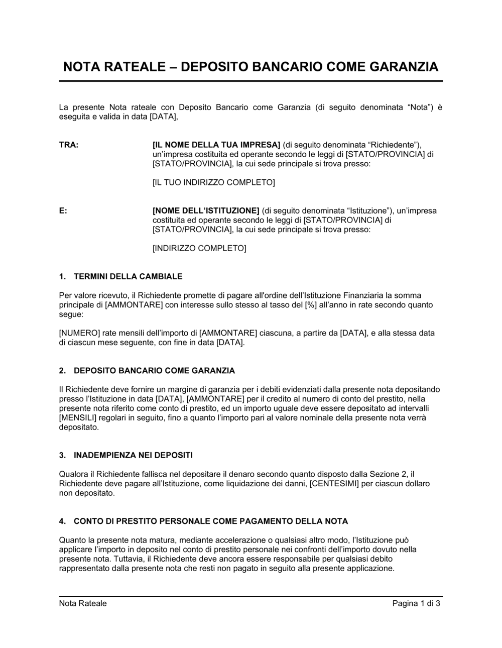 Business-in-a-Box's Nota rateale deposito bancario come garanzia