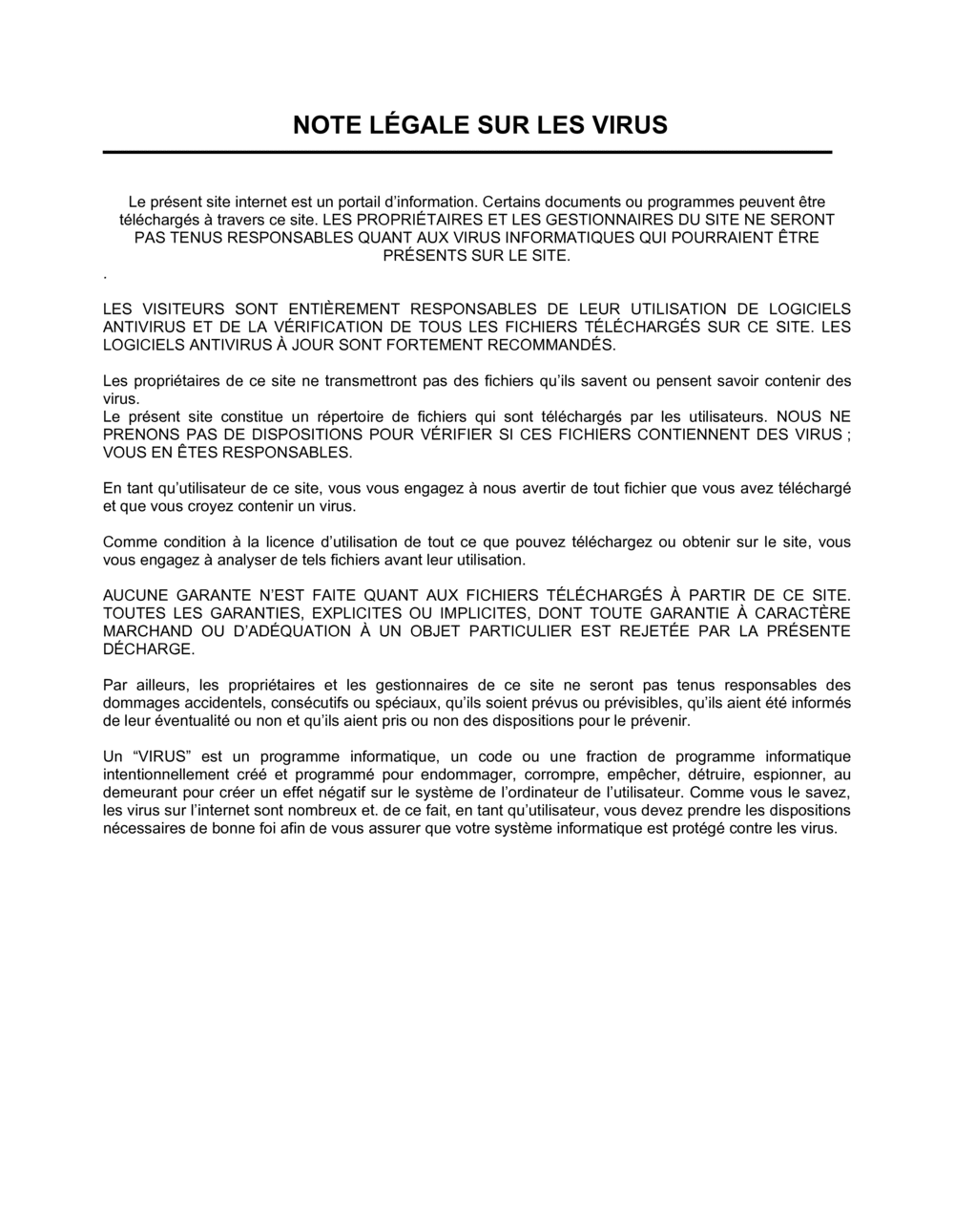 Business-in-a-Box's Note légale sur les virus