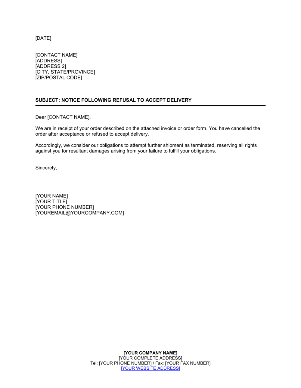 Business-in-a-Box's Notice Following Refusal to Accept Delivery Template