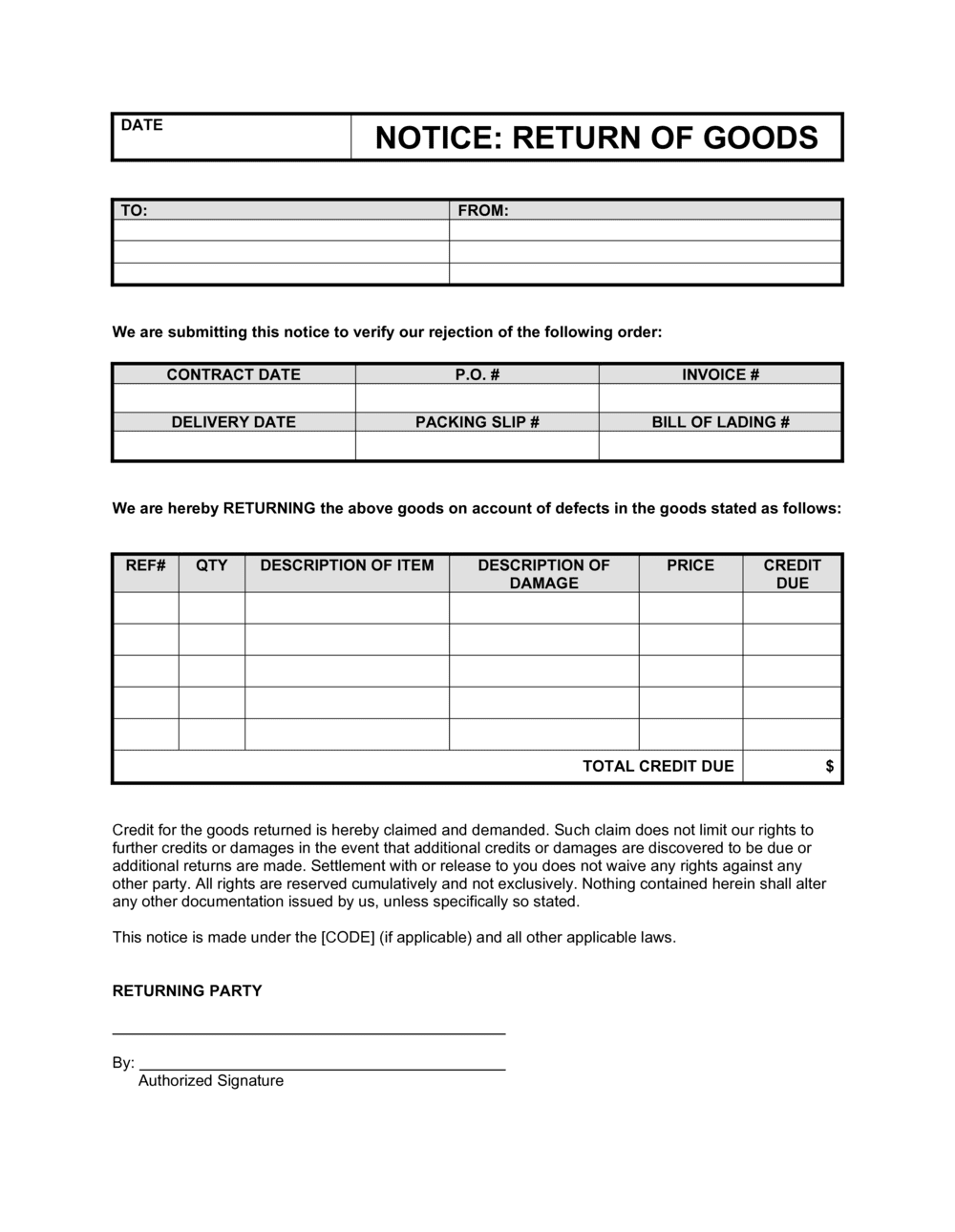 Notice for Return of Goods Template