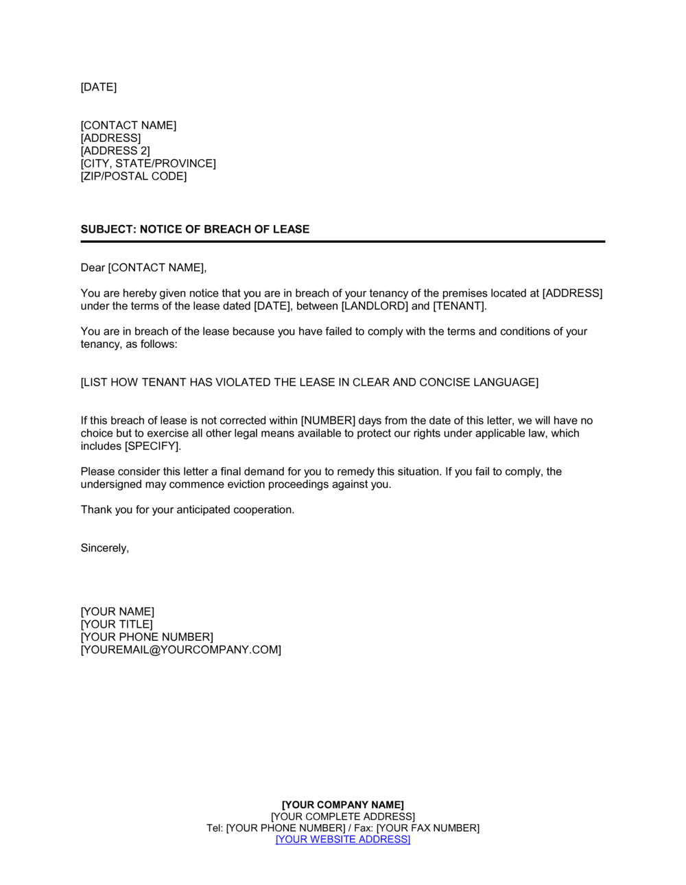 notice of default letter to tenant