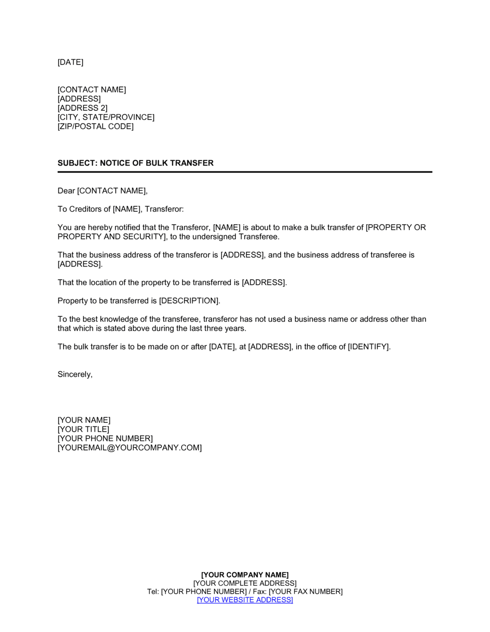 Business-in-a-Box's Notice of Bulk Transfer Template