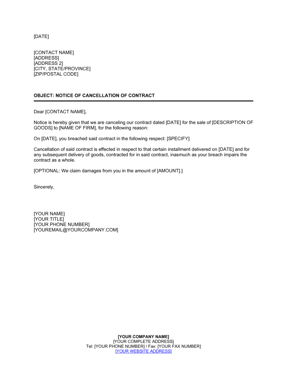 Cancellation Letter For Contract Template In PDF Word