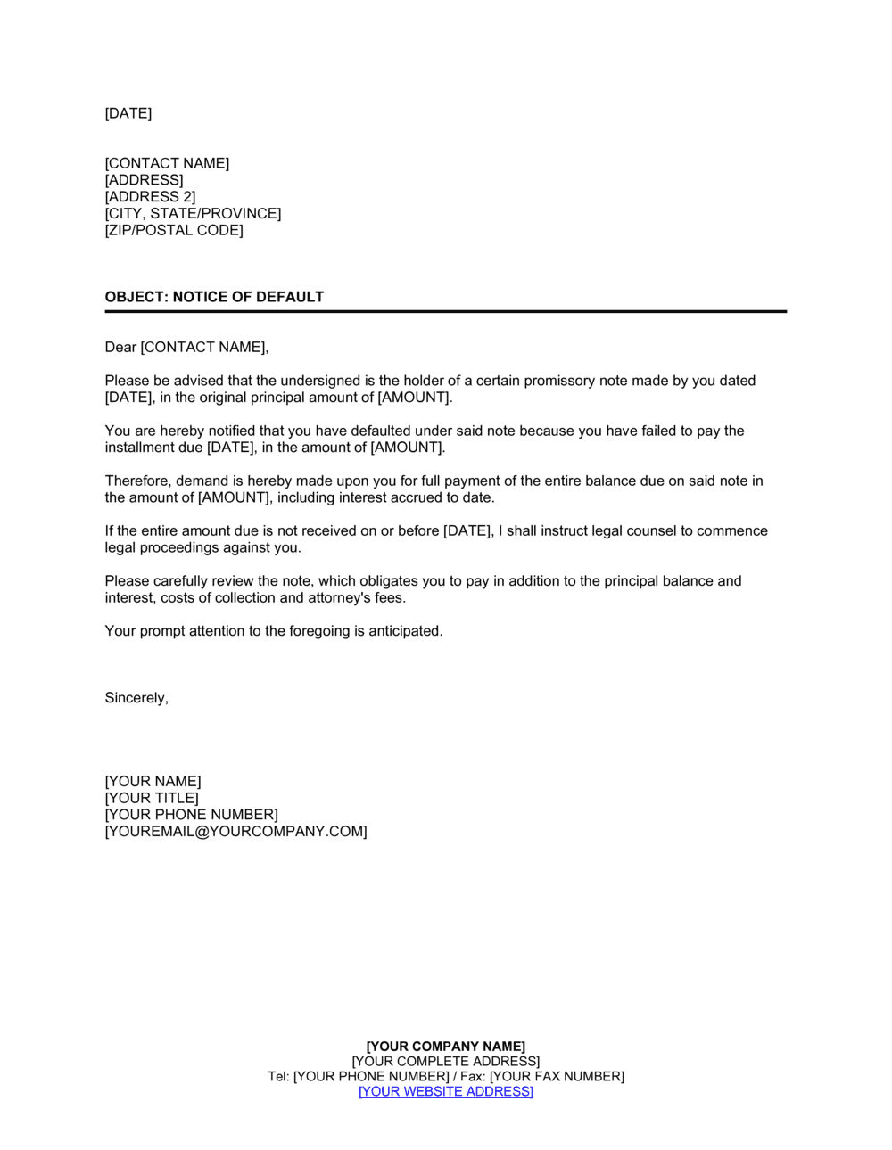 Notice of Default in Payment Template  by Business-in-a-Box™ For Notice Of Default Letter Template