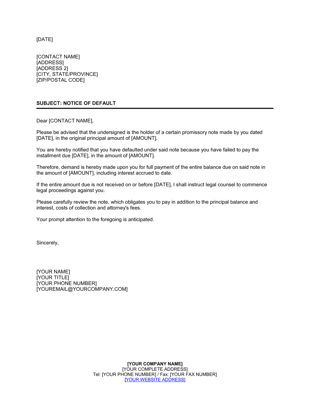 notice of default letter to tenant