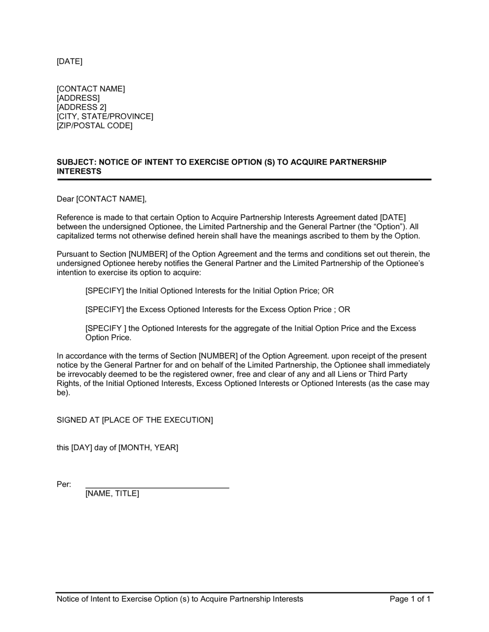 Business-in-a-Box's Notice of Intent to Exercise Option(s) to Acquire Partnership Interests Template
