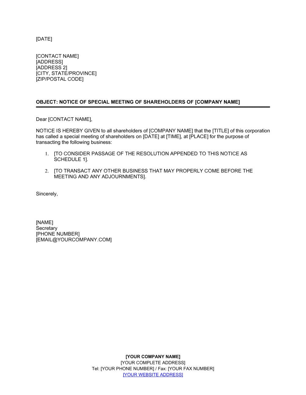 Notice of Meeting of Shareholders Special Template  by Business Throughout Meeting Notice Template