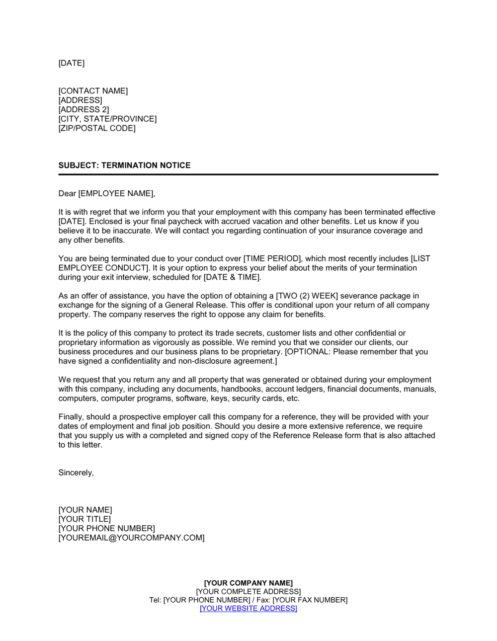 Letter Of Business Contract Termination Template Free Download