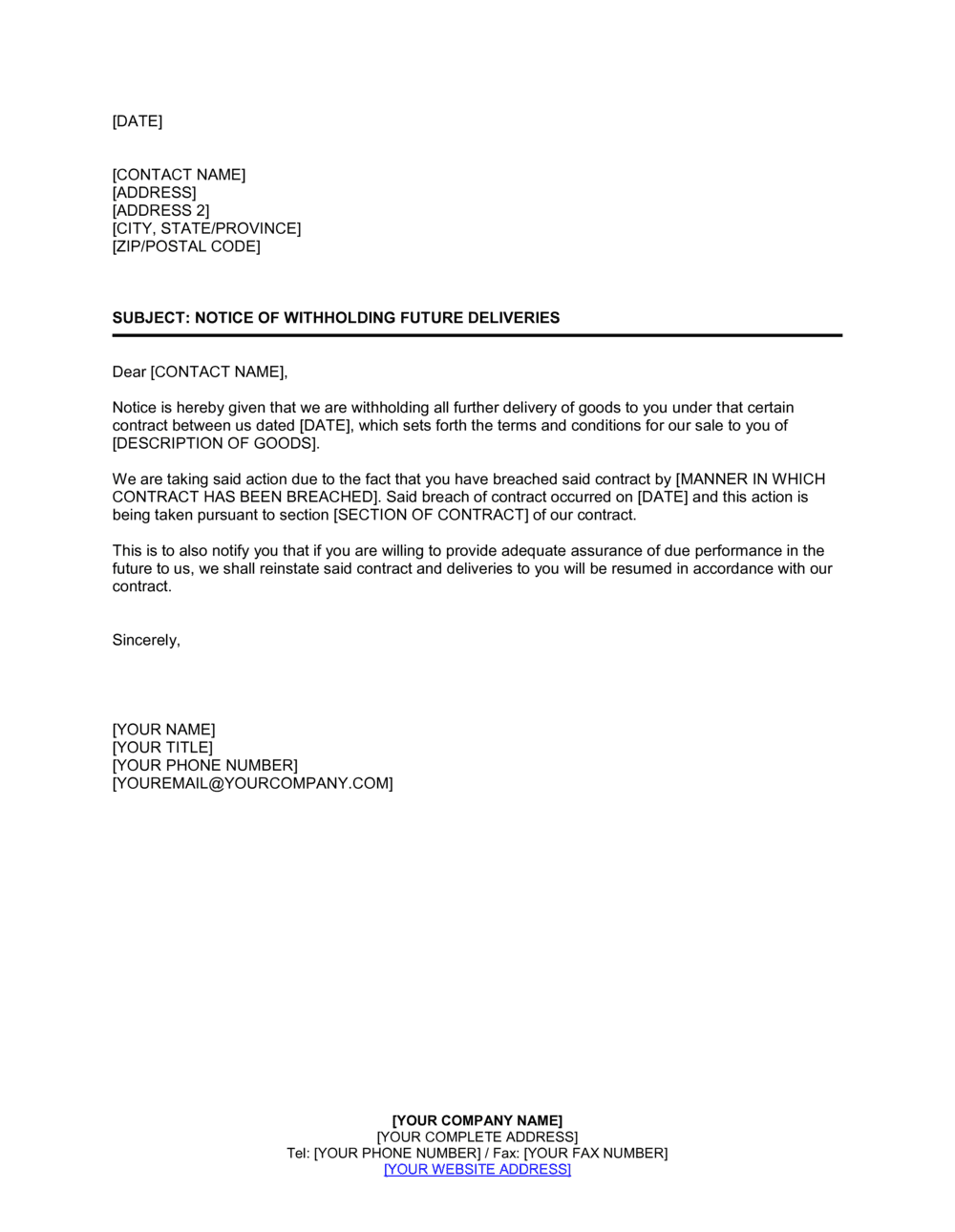 Business-in-a-Box's Notice of Withholding Future Deliveries Template