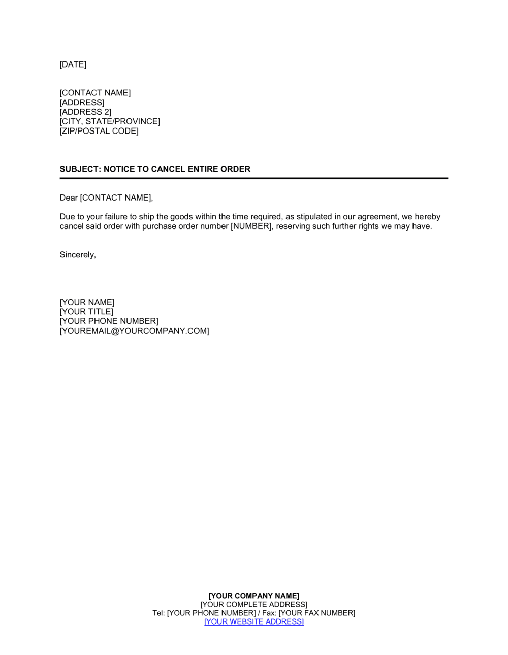 Business-in-a-Box's Notice to Cancel Entire Order Template