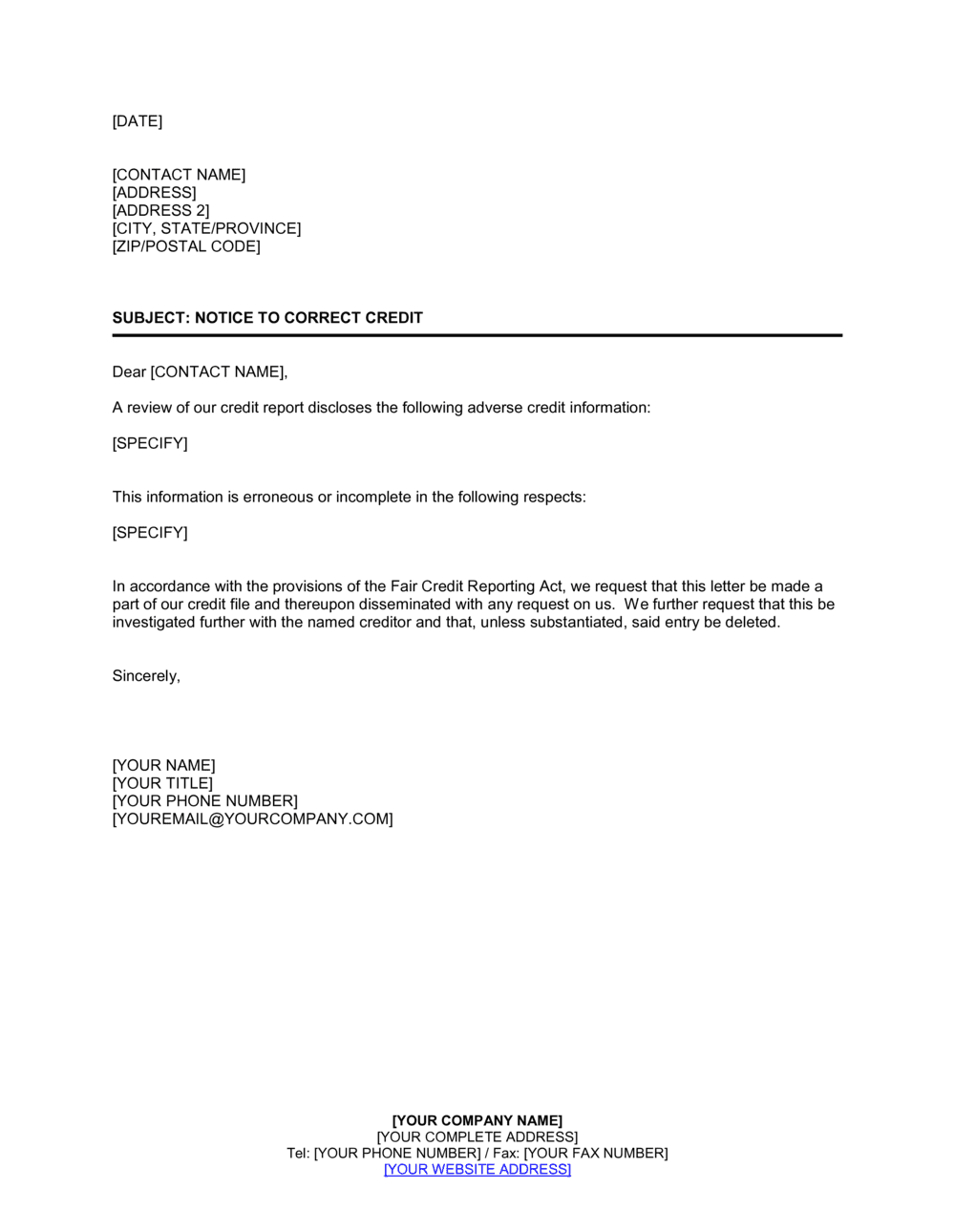 Business-in-a-Box's Notice to Correct Credit Template