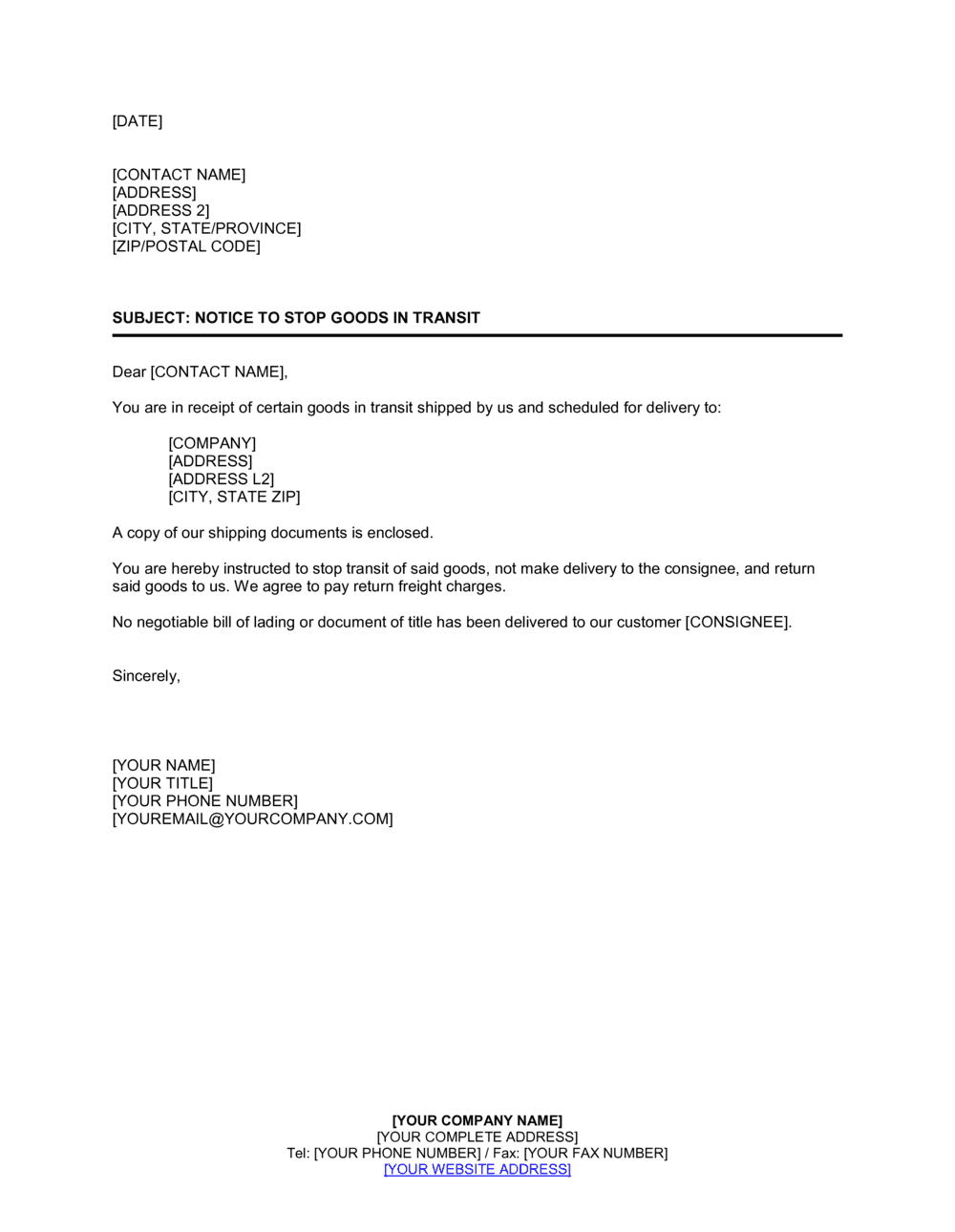 Business-in-a-Box's Notice to Stop Goods in Transit Template
