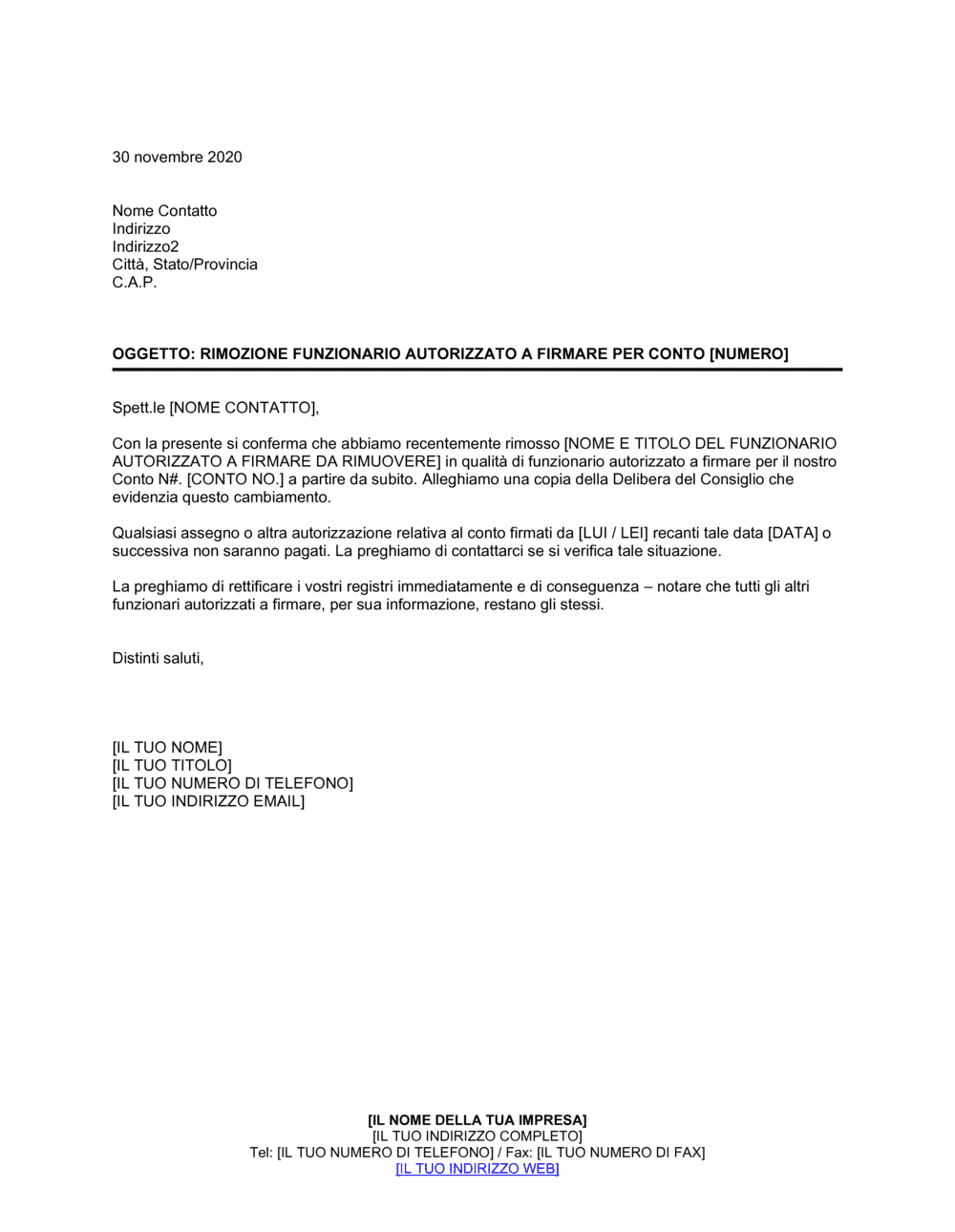 Business-in-a-Box's Notifica alla banca di rimozione funzionario autorizzato a firmare