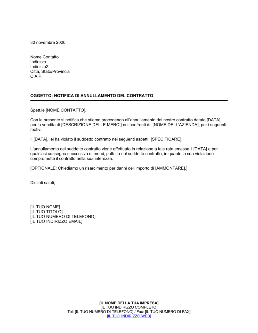 Business-in-a-Box's Notifica di annullamento del contratto