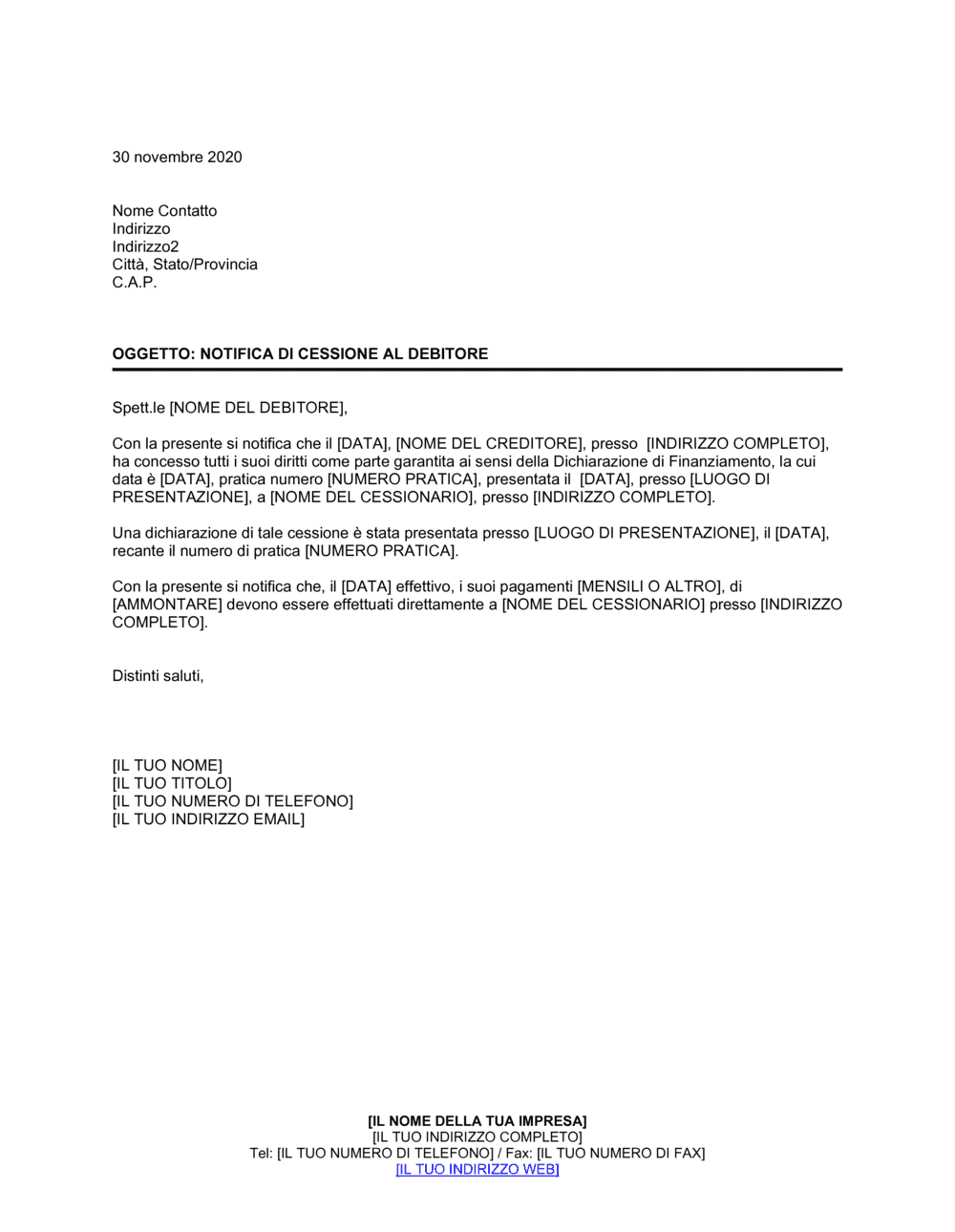 Business-in-a-Box's Notifica di cessione al debitore