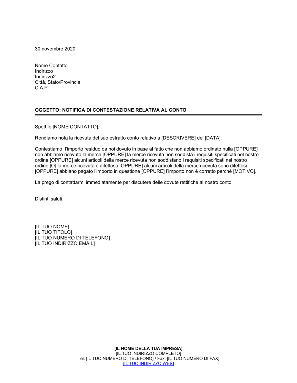 Business-in-a-Box's Notifica di contestazione relativa al conto