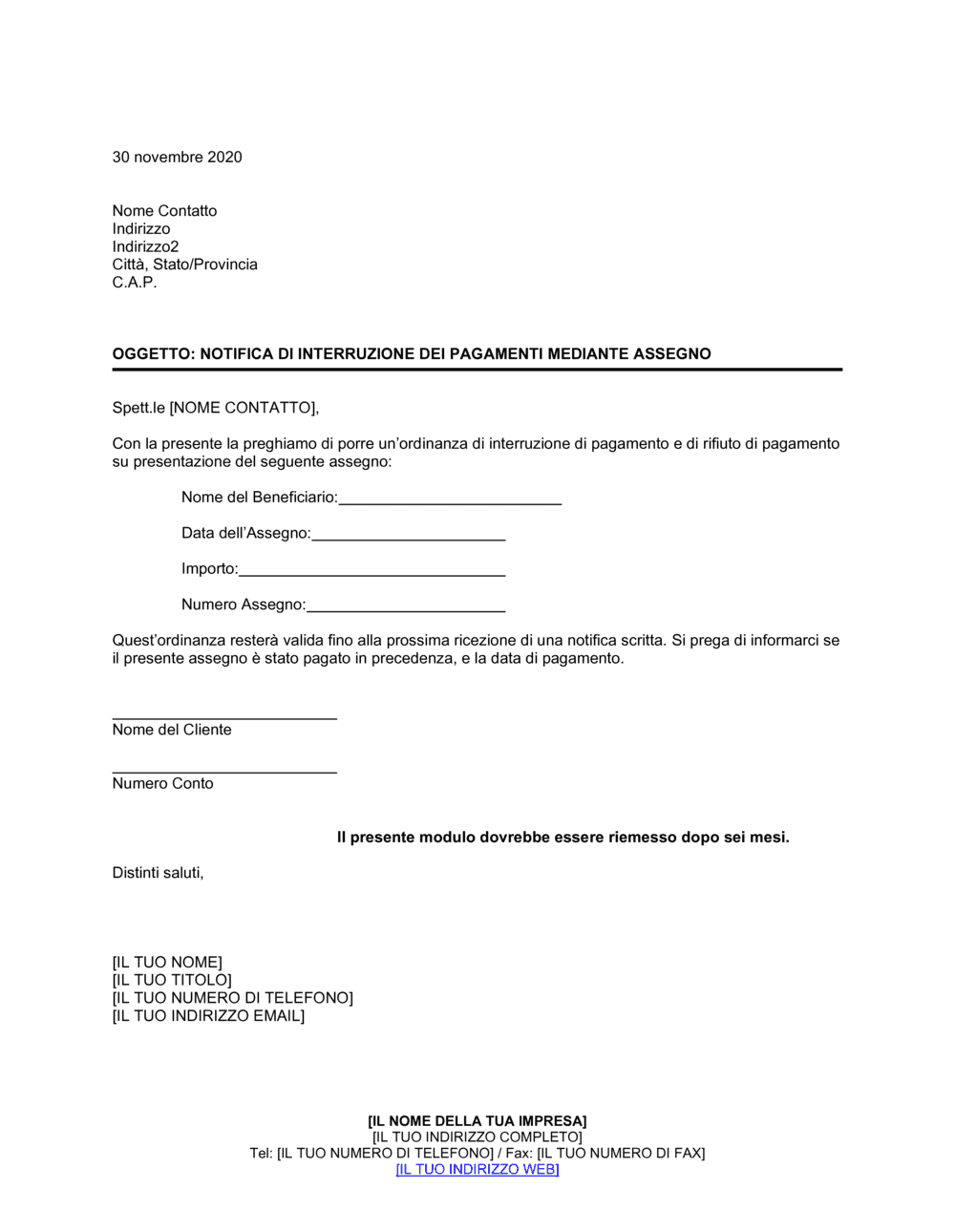 Business-in-a-Box's Notifica di interruzione dei pagamenti mediante assegno