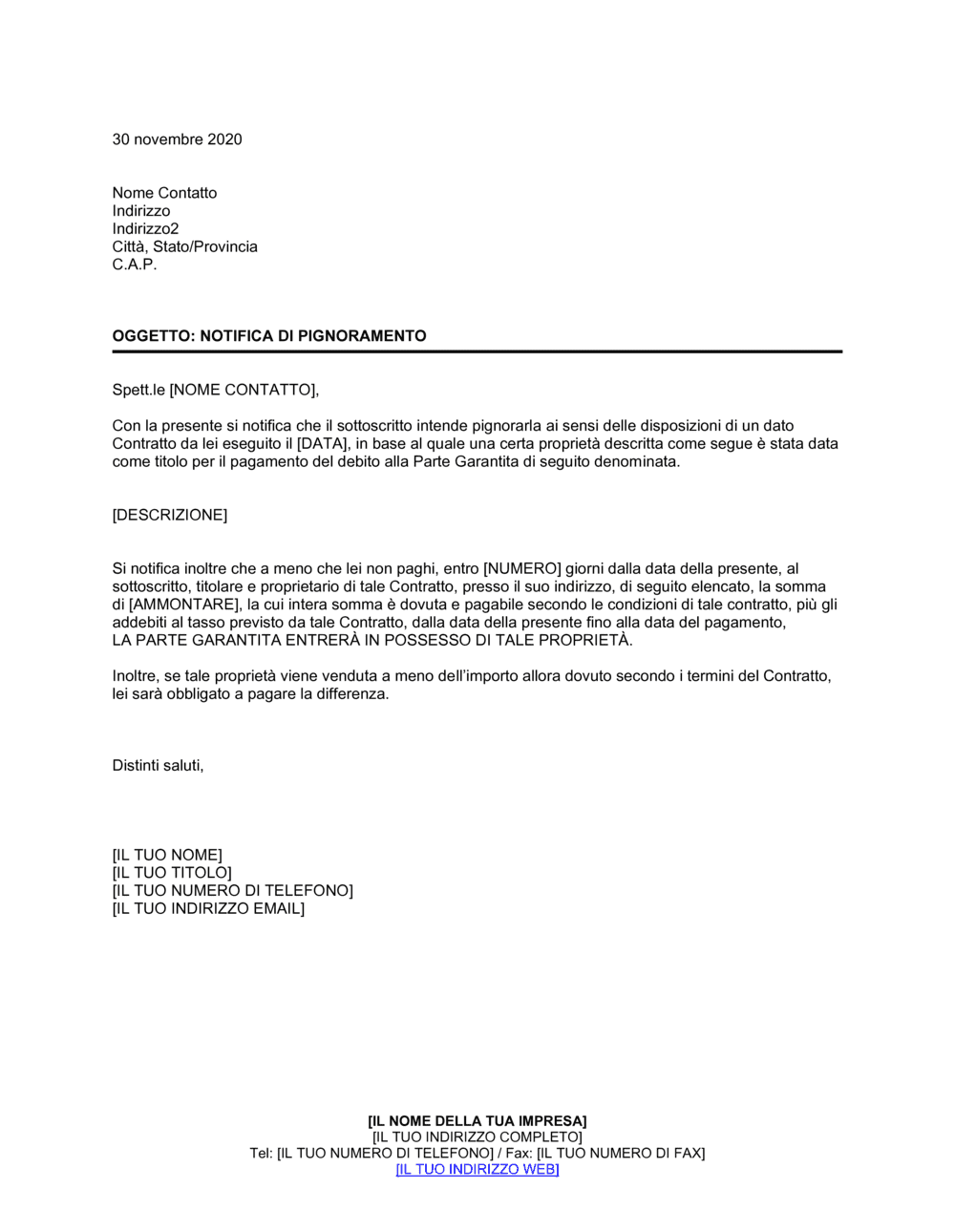 Business-in-a-Box's Notifica di pignoramento