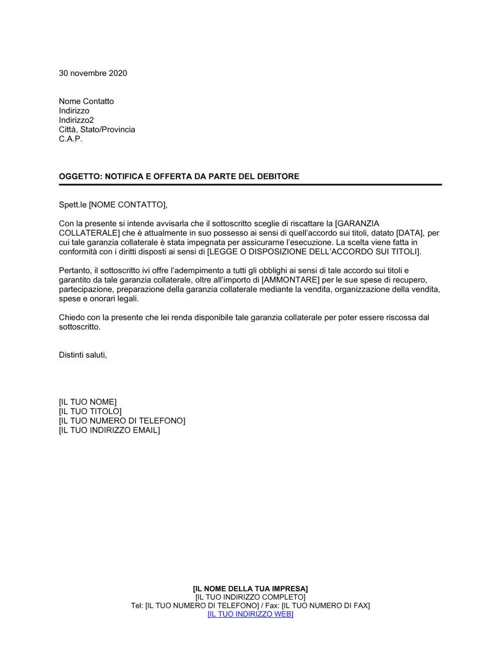 Business-in-a-Box's Notifica e offerta da parte del debitore