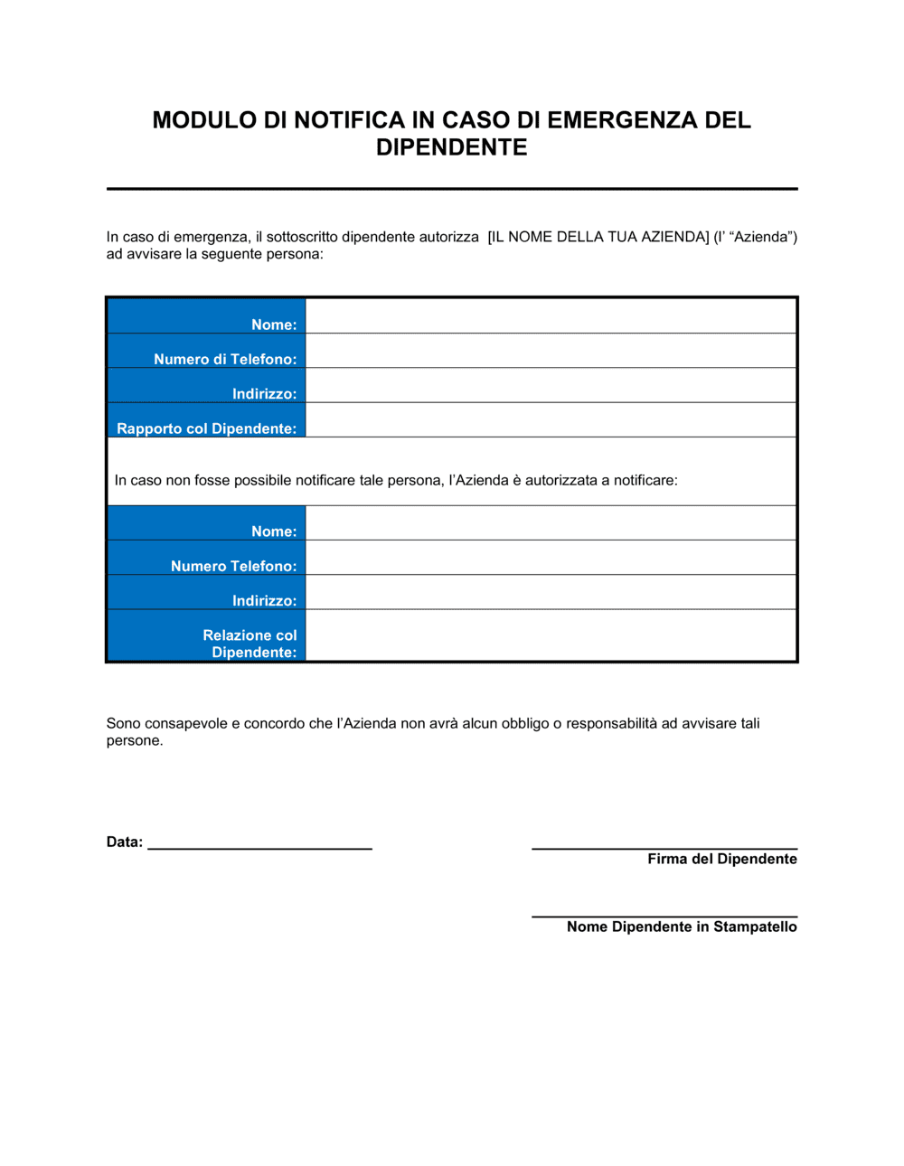 Business-in-a-Box's Notifica emergenza del dipendente